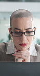 Thinking, laptop and businesswoman in office with ideas for creative project with research. Glasses, technology and female magazine editor with computer for article with publishing in workplace.