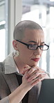 Thinking, business and woman with laptop in office for research, finance report and bookkeeping. Person, pc or problem solving for client inquiry, audit account and information with financial records