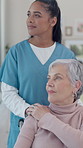 Caregiver, support and old woman in nursing home with wheelchair, assistance or hope for recovery. Nurse, thinking and senior person with disability, empathy or help for wellness in retirement center