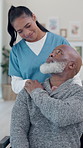 Support, holding hands and nurse with senior man in retirement home for medical checkup with comfort. Healthcare, caregiver and elderly male patient in wheelchair for consultation in nursing facility