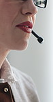 Call center, woman or mouth in office with headset, contact us or investment advice in crm service. Assistance, feedback or finance consultant with mic, online banking or guidance in loan support.