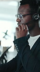 Man, speaking and telemarketing in office with headset, life insurance advice and financial service. Coworking, person and discussion in call center for lead generation, consulting or policy feedback