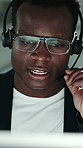 Speaking, computer and black man with headset in call center, customer care and online consultation. Talk, contact or help desk agent with advice for tech support, troubleshooting tips or assistance
