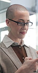 Phone, reading and woman with business in office for online agenda, social media and schedule. Communication, networking and person with tech for chat, texting and email for administration update