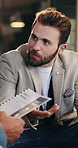 Businessman, meeting and discussion with tablet for proposal or business negotiation in office. Man, consultant or financial advisor talking to client with technology for finance advice or assistance