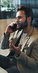 Happy, businessman or talking with phone call in office booth for communication or discussion. Man, employee or consultant speaking with smile on mobile smartphone in cubicle for business negotiation