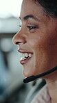 Call center, customer care and woman with help, talking or assistance with technical support. Smile, contact us and profile of agent in office for crm, IT hotline and problem solving with headset
