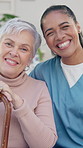 Face, caregiver and old woman in nursing home with walking stick, smile or medical support for wellness. Happy, nurse and elderly person with disability, cane or assistance for retirement healthcare.