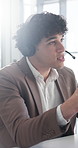 Call center, assistance or man in office with headset, contact us or investment advice in crm service. Feedback, flare or finance consultant in firm with mic, online banking or help in loan support.