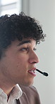 Call center, assistance or man in agency with headset, contact us or investment advice in crm service. Feedback, fintech or finance consultant with mic, online banking or help in loan support.