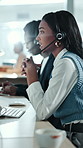 Telemarketing, woman and feedback in office with computer, life insurance advice or financial service. Coworking, person talk and typing with desktop for lead generation, policy application or report