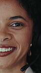 Call center, face and woman in agency with headset, contact us or advice in crm service. Portrait, closeup and agent in workplace with micrphone, online assistance or feedback in client support.