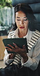 Business, woman and reading with tablet in cubicle for research, email client and real estate. Mature person, booth or digital to review schedule, price property and online inquiry for resale listing
