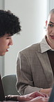 Business, review or team in agency with tablet, collaboration or advice for project report. Partnership, people or employees in office with tech, problem solving or assistance for company brief.