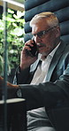 Phone call, talking and businessman in office for communication with client for finance budget. Contact, cellphone and mature financial manager on mobile discussion for investment plan in workplace.