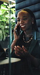 Black woman, talking and tablet with phone call in office booth for communication or discussion. Female person, employee or consultant speaking with smartphone in cubicle for business negotiation