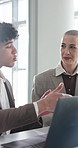 Business, review or people in agency with tablet, collaboration or advice for project report. Partnership, discussion or employees with laptop, problem solving or assistance for company brief.