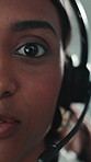 Call center, face and woman in office with headset, contact us or advice in crm service. Portrait, closeup and consultant in agency with mic, online assistance or feedback in client support.