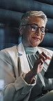 Business, black woman and smile with tablet in cubicle for research, email client and real estate. Mature person, booth and digital for proposal, price property and online inquiry for resale listing