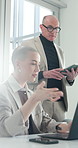Laptop, tablet and business people in office with feedback, review or advice on creative project. Technology, computer and magazine editor with manager for publishing approval in workplace with flare