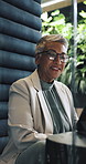 Woman, booth and tablet with video call at office with review, proposal or contact at insurance company. Mature person, broker and tech in pod, advice or virtual consulting at risk management agency