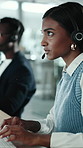 Woman, typing and telemarketing in office with computer, life insurance feedback or financial service. Person, talk and coworking with pc for lead generation, market survey and discussion for policy.