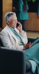 Phone call, tablet and businesswoman in office for communication with client for finance budget. Contact, technology and financial manager on mobile discussion for investment planning in workplace.