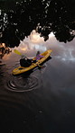 Drone, father and child on river with kayak ride, adventure and bonding together for holiday activity. Aerial, man and daughter canoeing in lake with outdoor sightseeing, travel and tourist vacation.