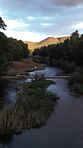 Drone, river and truck with bridge in forest for eco tourism, environmental travel or sightseeing. Aerial, nature and transport with vehicle outdoor in ecosystem for conservation or sustainability