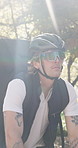 Outdoor, cycling and delivery man with bicycle for travel, supply chain and eco friendly transport. Sustainable shipping, logistics and cyclist with backpack for parcel drop off, commute and courier