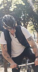Outdoor, cycling and delivery man with bike for travel, courier service and eco friendly transport. Sustainable shipping, logistics or biker with backpack for parcel drop off, commute or supply chain