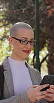 Phone, business and woman walk at park on commute, reading email or ESG message. Mobile, travel or happy professional outdoor for text, eco friendly project or schedule with sustainability consultant