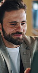 Business, man and reading with tablet in office for research, email client and real estate. Smile, male person and digital app to review schedule, price property and online inquiry for resale listing