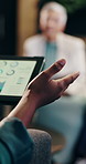Tablet, hands and businesswoman in office for meeting with statistics, charts or graphs for finance report. Digital technology, discussion and financial manager with investment data in workplace.