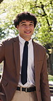 Face, confidence and businessman with smile in park, seller representative or housing market career. Portrait, real estate or happy realtor with pride for property management, rent or sale consultant