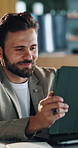 Happy, businessman and research with tablet in office for corporate improvement or development. Man, employee or analyst with smile on technology for company data, schedule planning or project tasks
