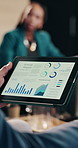Tablet screen, hands and businesswoman in office for meeting with statistics or charts for finance report. Technology, discussion and financial manager with investment graphs or data in workplace.