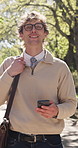 Face, confident and businessman with smartphone in park, valuation consultant and real estate career. Portrait, property seller and happy agent with mobile for listing launch, rent or sale management