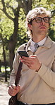 Phone, thinking and business man at park for online navigation, location search or lost on commute. Mobile, worker and person outdoor for direction, map app and reflection for travel decision