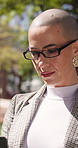 Laptop, glasses and business woman at park for legal report, policy update or court case email. Computer, attorney and person outdoor with specs to review law, admin or contract clause online