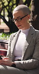 Thinking, text or businesswoman in park with phone, agenda change or online conversation on project. Reflection, digital or employee with tech, schedule update or chat response in report feedback.