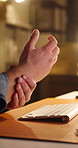 Night, hands and man in office, wrist pain and joint injury with keyboard for online submission. Evening, person and journalist in workplace, massage and carpal tunnel with arthritis or nerve tension