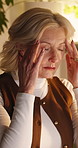 Headache, night or woman in office with pressure, frustration or tiredness in evening shift. Fatigue, migraine pain or mature employee in agency with tension, exhausted or brain fog in overtime.