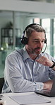Laptop, call center and business man in office for banking support, advice or account assistance. Computer, talk or mature consultant with headset for loan enquiry, financial help or customer service