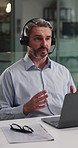 Mature, businessman and night with headset of agent in office for online finance advice. Man, consultant or financial advisor working late with mic on laptop for virtual assistance in workplace