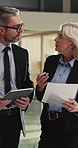 Advice, document or people in office with tablet, problem solving or manager insight for funding pitch. Business, director or finance consultant with tech, feedback or guidance for investment report.