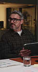 Feedback, business people and tablet at night for management, meeting or story engagement. Publishing agency, editor report and digital tech for news update, topics review or blog planning advice