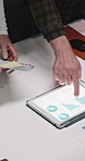 Hands, business people and tablet screen with graphs for management, feedback or story engagement. Publishing agency, above and analysis with digital tech for report, topics review or blog planning
