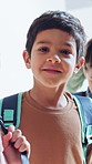 School, line and children in hallway ready for education, class and learning together. Academy, happy and students in corridor in row with discipline for knowledge, development and lesson on campus