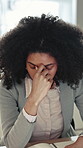 Business, woman and headache with stress in office for project deadline, overworked or strain. Frustrated, female person or employee with migraine, book or laptop for mistake or fatigue in workplace